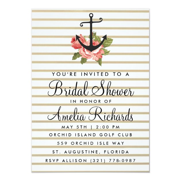 Gold Stripe Nautical Anchor Bridal Shower Invite
