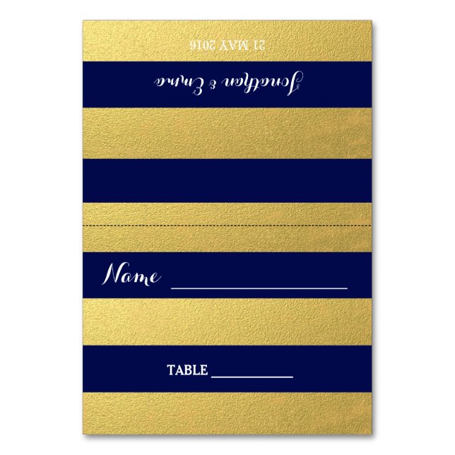 Gold Stripe Navy Blue Escort Cards (Front)
