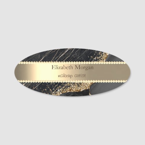  Gold Stripe Pearls Black Marble Gold Sequins Name Tag