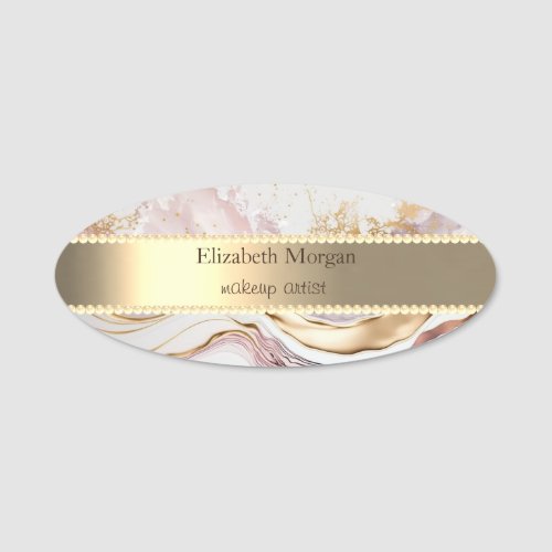  Gold Stripe Pearls Pink Marble  Name Tag