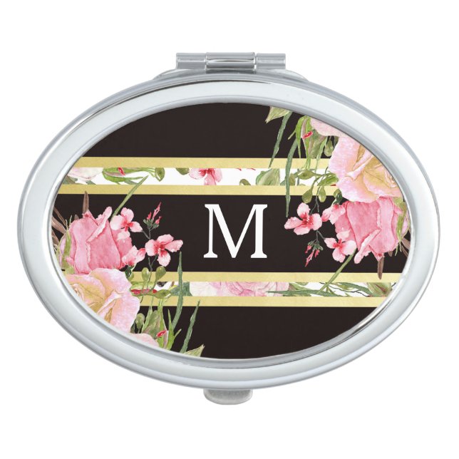 Gold Stripe Pink Roses Monogram Vanity Mirror (Front)
