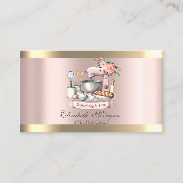 Gold Stripe Rose Gold Floral Bakery Mixer Business Card (Front)