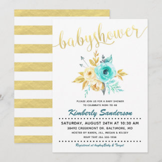 Gold Stripe Teal Floral Baby Shower Invitation