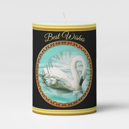 Gold stripe white swan in a turquoise blue water pillar candle