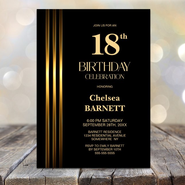 Gold Striped Black 18th Birthday Party Invitation (Creator Uploaded)