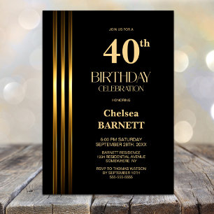 Gold Striped Black 40th Birthday Party Invitation