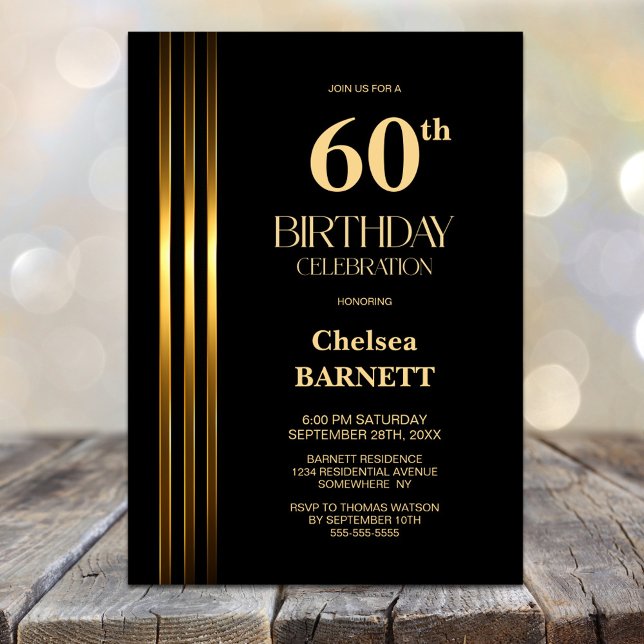 Gold Striped Black 60th Birthday Party Invitation (Creator Uploaded)