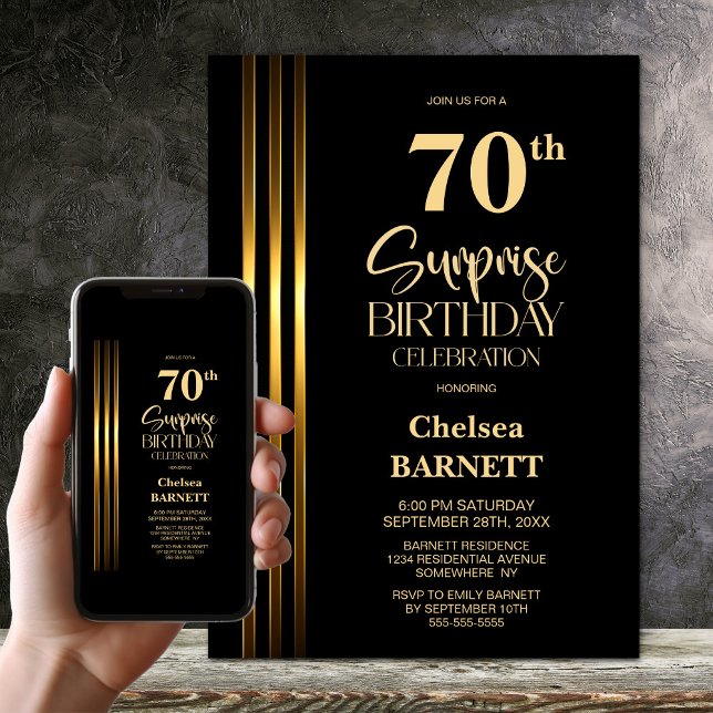 Gold Striped Black 70th Surprise Birthday Party Invitation (Creator Uploaded)