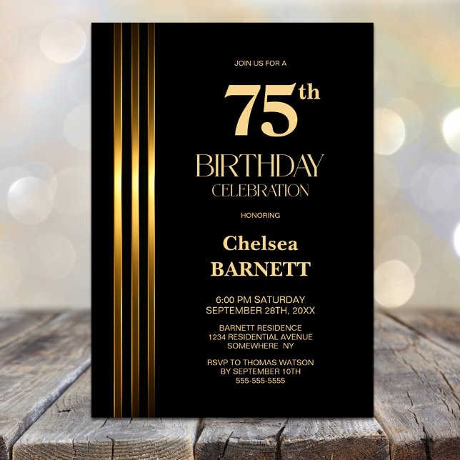 Gold Striped Black 75th Birthday Party Invitation (Creator Uploaded)