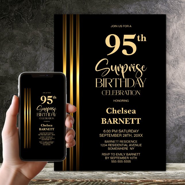 Gold Striped Black 95th Surprise Birthday Party Invitation (Creator Uploaded)