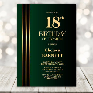 Gold Striped Black Green 18th Birthday Party Invitation
