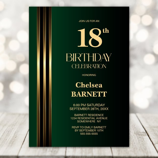 Gold Striped Black Green 18th Birthday Party Invitation (Creator Uploaded)