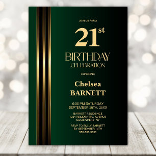 Gold Striped Black Green 21st Birthday Party Invitation