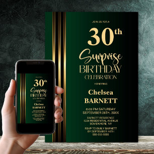 Gold Striped Black Green 30th Surprise Birthday Invitation