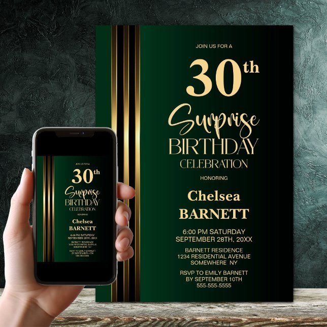 Gold Striped Black Green 30th Surprise Birthday Invitation (Creator Uploaded)