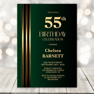 Gold Striped Black Green 55th Birthday Party Invitation