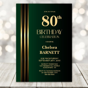 Gold Striped Black Green 80th Birthday Party Invitation