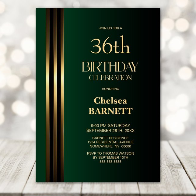 Gold Striped Black Green Any Age Birthday Party Invitation (Creator Uploaded)