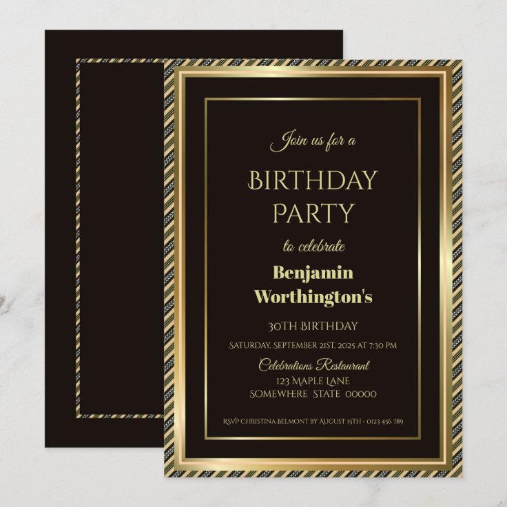 Gold Striped Border Black 30th Birthday Party Invitation Zazzle