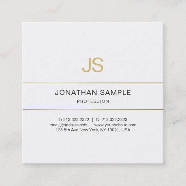 Gold Striped Elegant Monogrammed Design Trendy Square Business Card (Front)