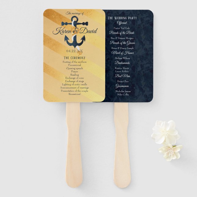 Gold striped foil anchor wedding program hand fans (Front and Back)