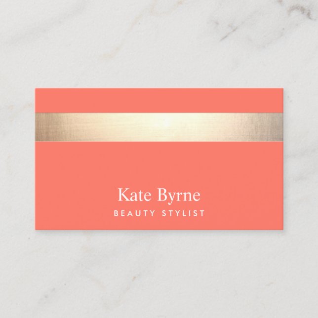 Gold Striped Modern Stylish Coral Business Card (Front)