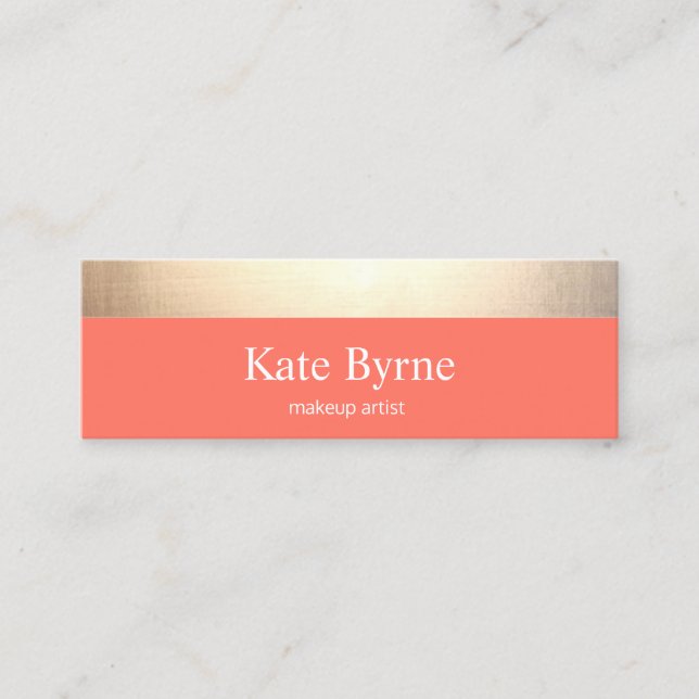 Gold Striped Modern Stylish Coral Mini Business Card (Front)