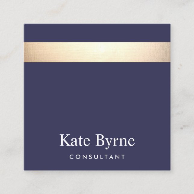 Gold Striped Modern Stylish Navy Blue Square Business Card (Front)