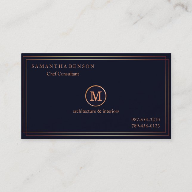 Gold Striped Monogrammed Modern Stylist Navy Blue  Business Card (Front)
