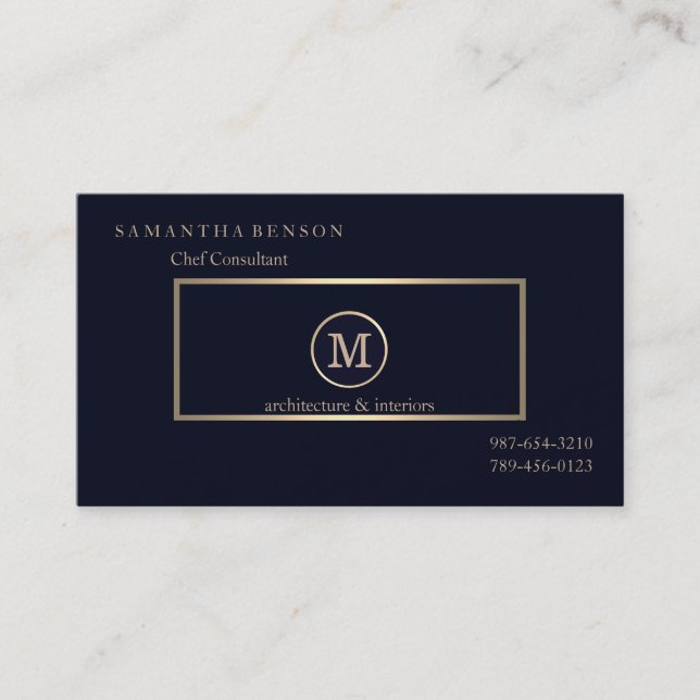 Gold Striped Monogrammed Modern Stylist Navy Blue Business Card (Front)