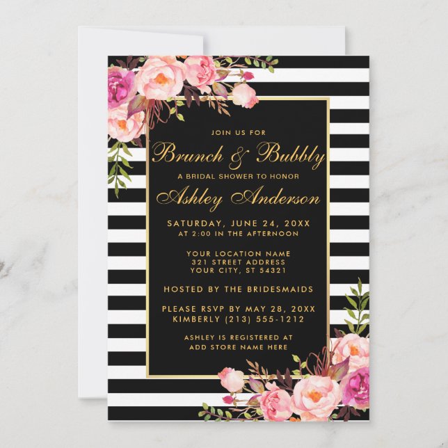 Gold Striped Pink Bridal Shower Brunch Invite (Front)
