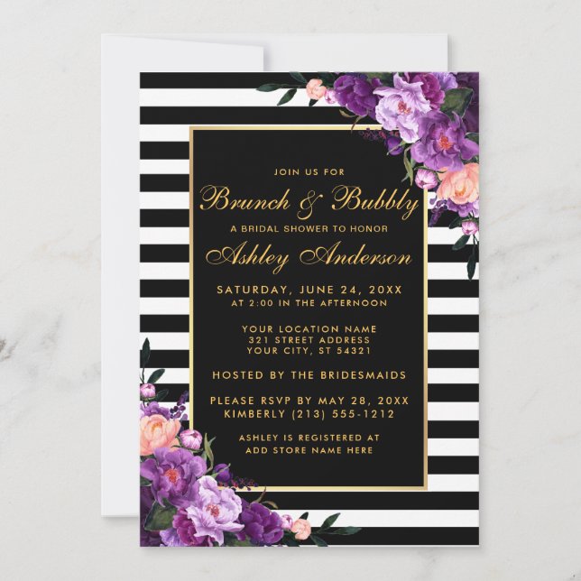 Gold Striped Purple Bridal Shower Brunch Invite (Front)