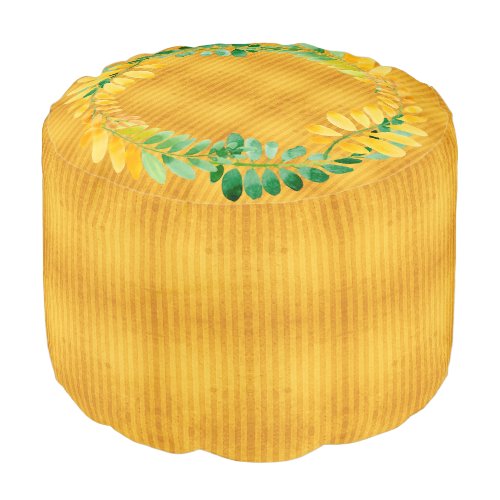 Gold Striped Round Poof With Acacia Leaves Pouf