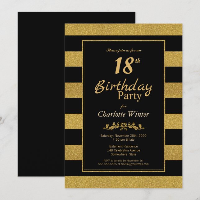 Gold Stripes 18th Birthday Party Invitation (Front/Back)