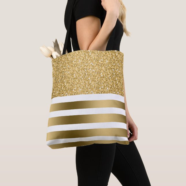 Gold Stripes and Glitter Tote Bag (Close Up)