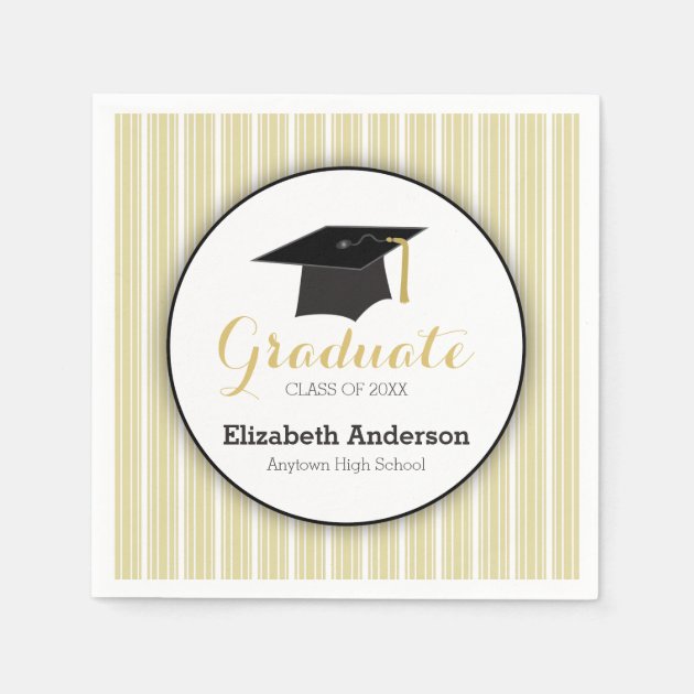 Gold Stripes And Hat Personalized Graduation Paper Napkin