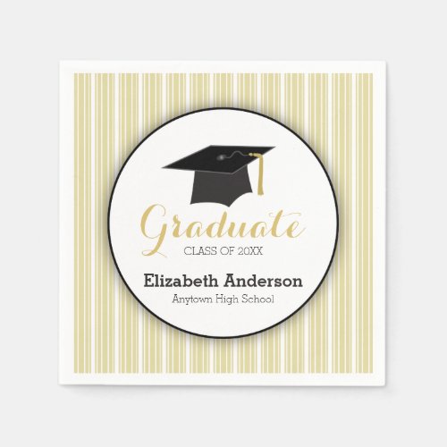 Gold Stripes and Hat Personalized Graduation Paper Napkins