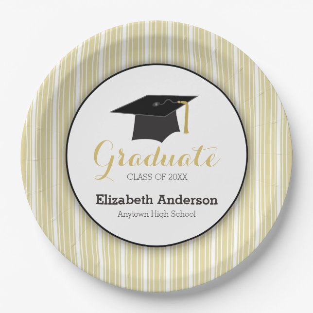 Gold Stripes and Hat Personalized Graduation Paper Plates (Front)