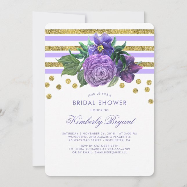 Gold Stripes and Purple Flowers Chic Bridal Shower Invitation (Front)