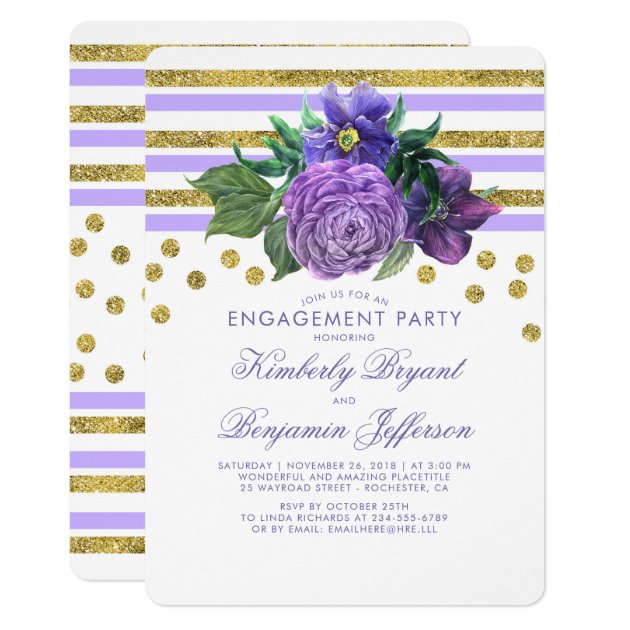 Gold Stripes And Purple Flowers Engagement Party Invitation