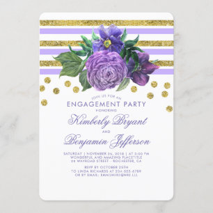 Gold Stripes and Purple Flowers Engagement Party Invitation