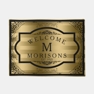 Gold Stripes Black Vintage Swirls Frame Doormat
