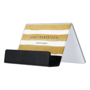 Feminine Business Card Holders Zazzle Gold Stripes Desk Business Card Holder