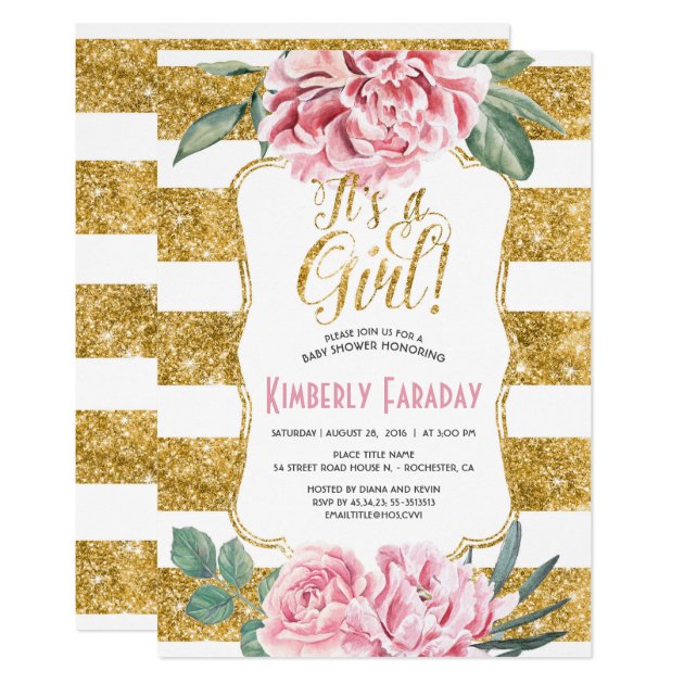 Gold Stripes Floral Vintage Baby Shower Invitation