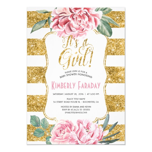 Gold Stripes Floral Vintage Baby Shower Invitation
