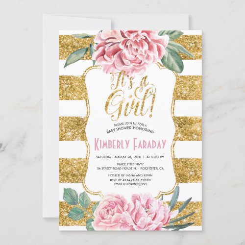 Gold Stripes Floral Vintage Baby Shower Invitation