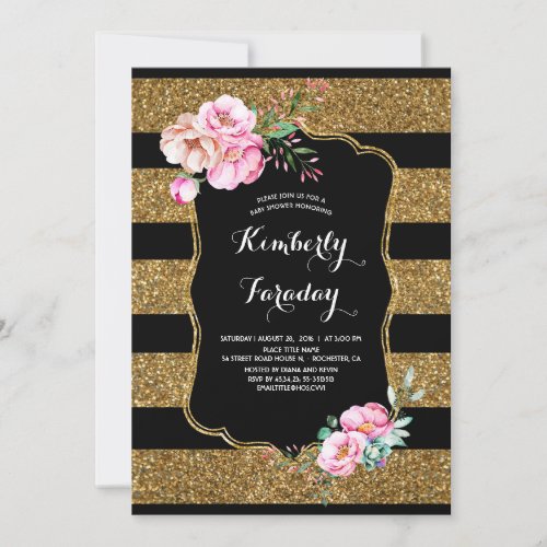 Gold Stripes Floral Vintage Baby Shower Invitation