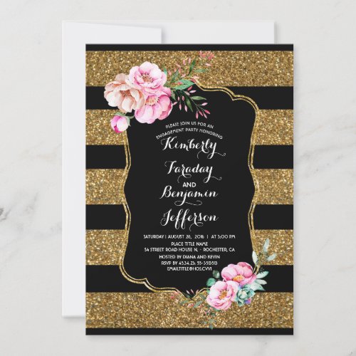 Gold Stripes Floral Vintage Engagement Party Invitation