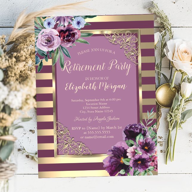 Gold Stripes Frame Violet Flowers Retirement Invitation (Creator Uploaded)