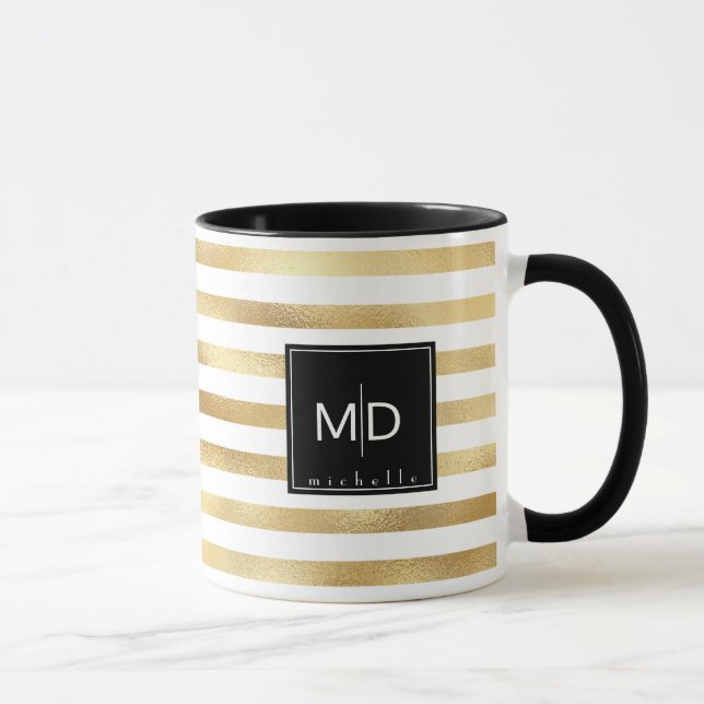 Gold Stripes Monogram Personalized Mug (Right)